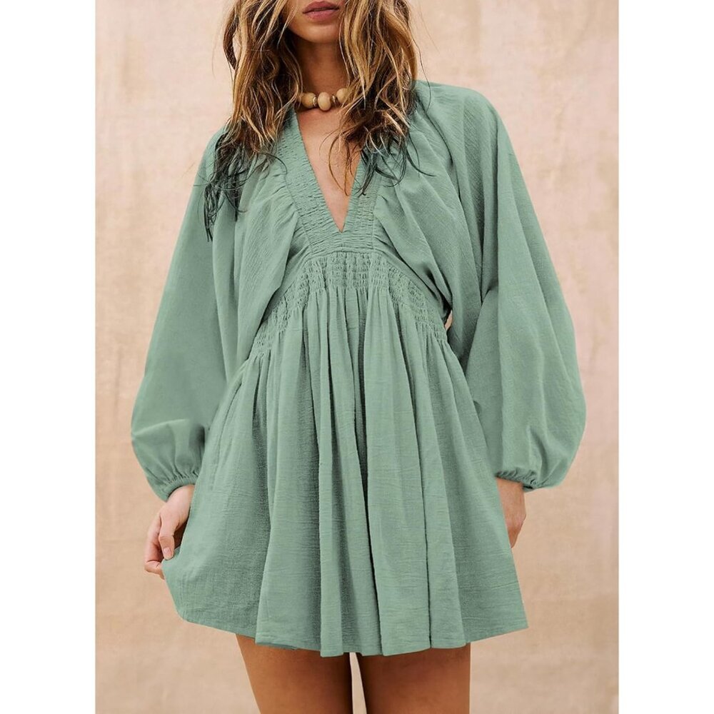 Women’s Spring Long Sleeve V Neck Casual Loose Flowy Ruffle Mini Dress - Picture 2 of 4